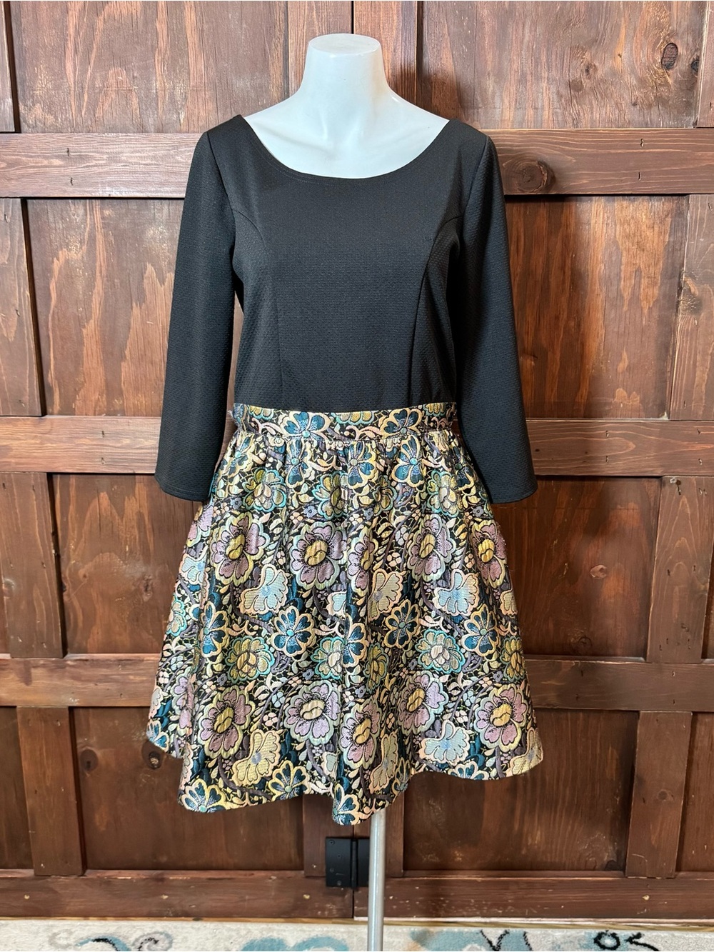 envy Black Long-Sleeve Dress with Multicolor Floral Skirt